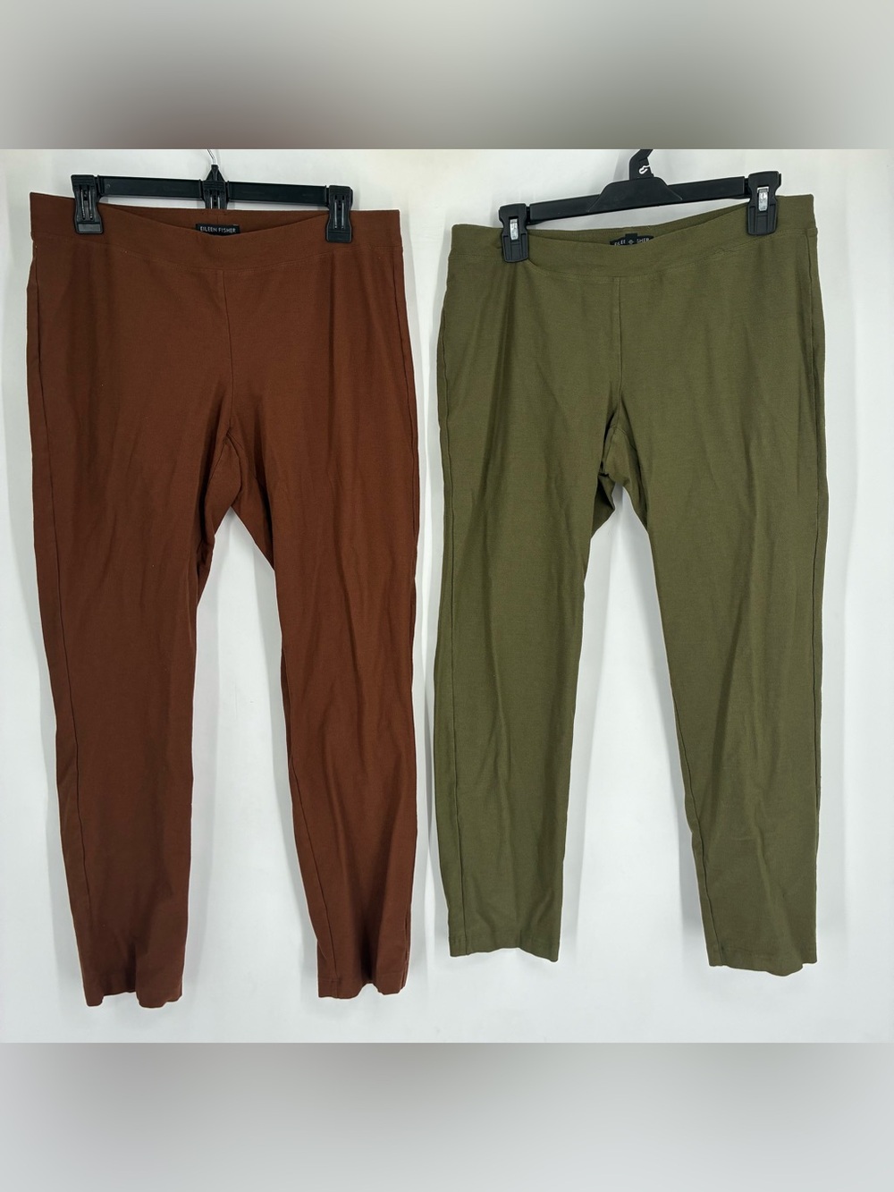 Lot Of 2 Eileen Fisher Medium Pull On Brown Green Pants Viscose Nylon Stretch